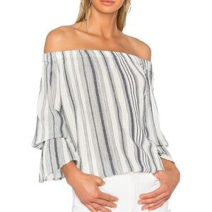 SANCTUARY Charlotte Off-the-Shoulder Navy White Margaux Stripe Cotton Top Small